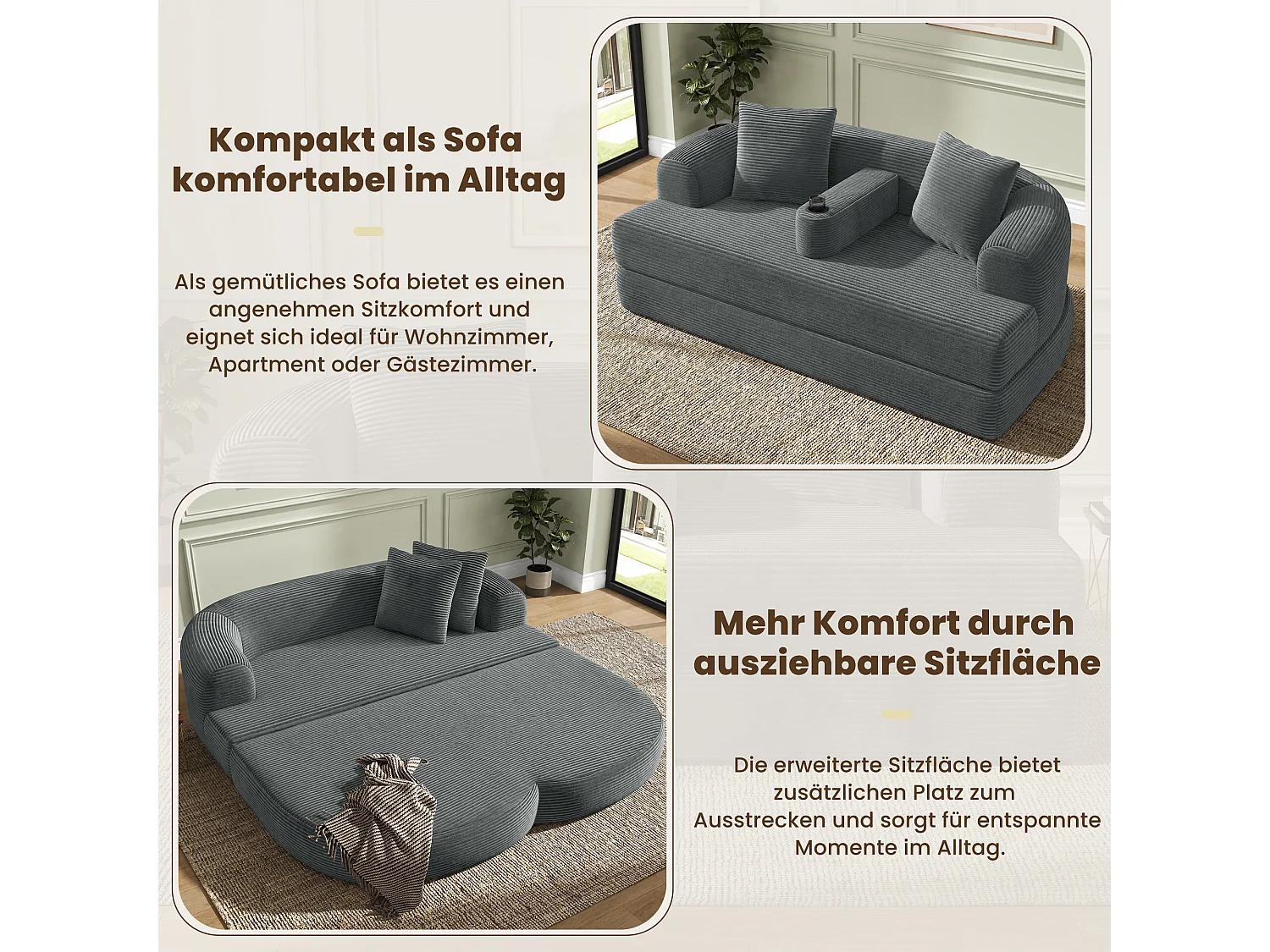 Canapé 2 places moderne en velours côtelé - Canapé lounge pliable - Accoudoirs amovibles avec porte-gobelets - Gris foncé