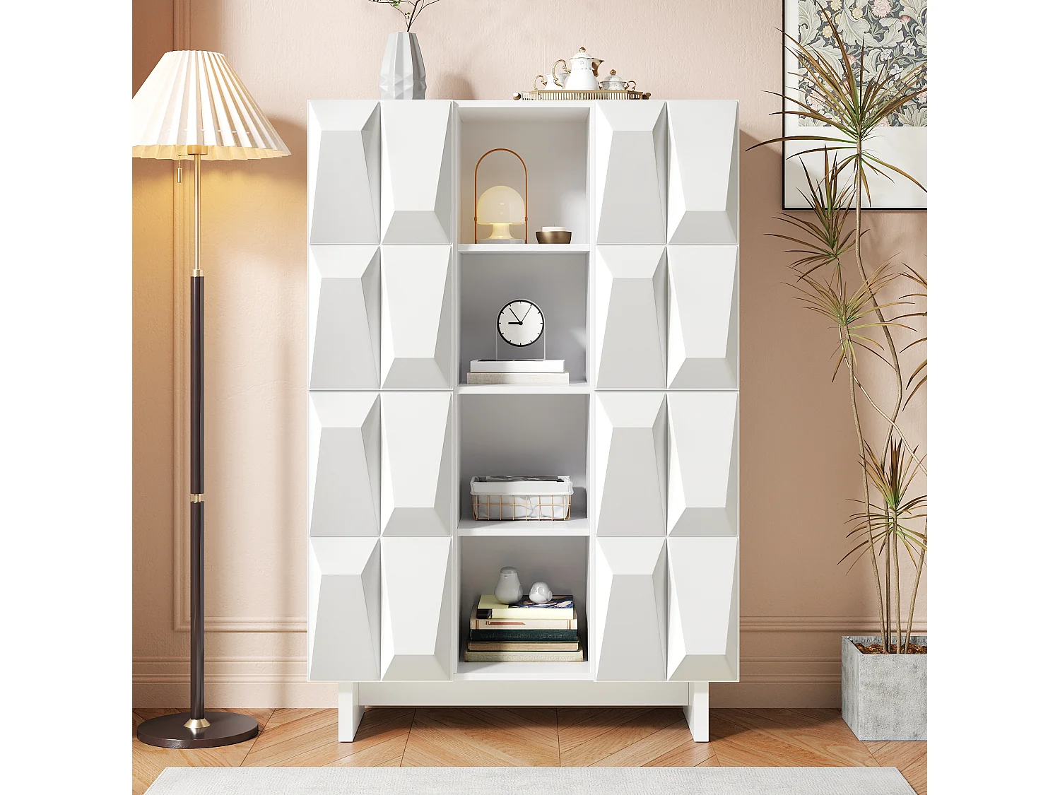 Vitrine/Meuble à chaussures - Avec 4 portes à décor en relief - 12 étagères ouvertes - Panneaux de particules - Blanc