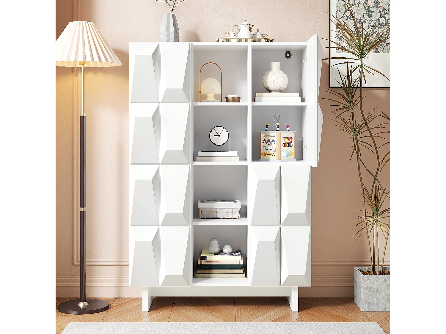Vitrine/Meuble à chaussures - Avec 4 portes à décor en relief - 12 étagères ouvertes - Panneaux de particules - Blanc