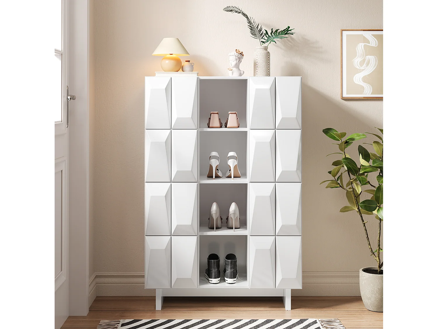 Vitrine/Meuble à chaussures - Avec 4 portes à décor en relief - 12 étagères ouvertes - Panneaux de particules - Blanc