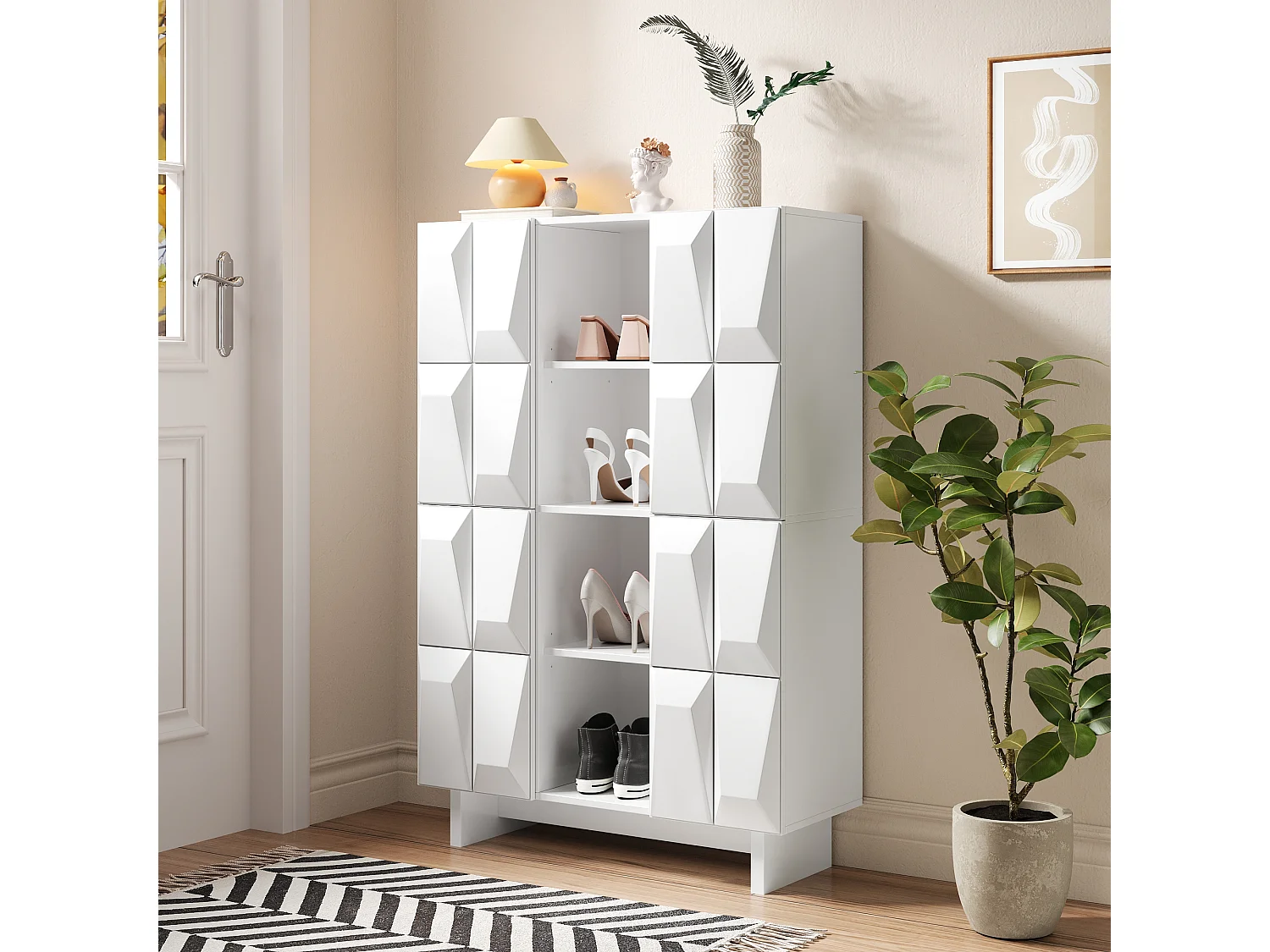 Vitrine/Meuble à chaussures - Avec 4 portes à décor en relief - 12 étagères ouvertes - Panneaux de particules - Blanc