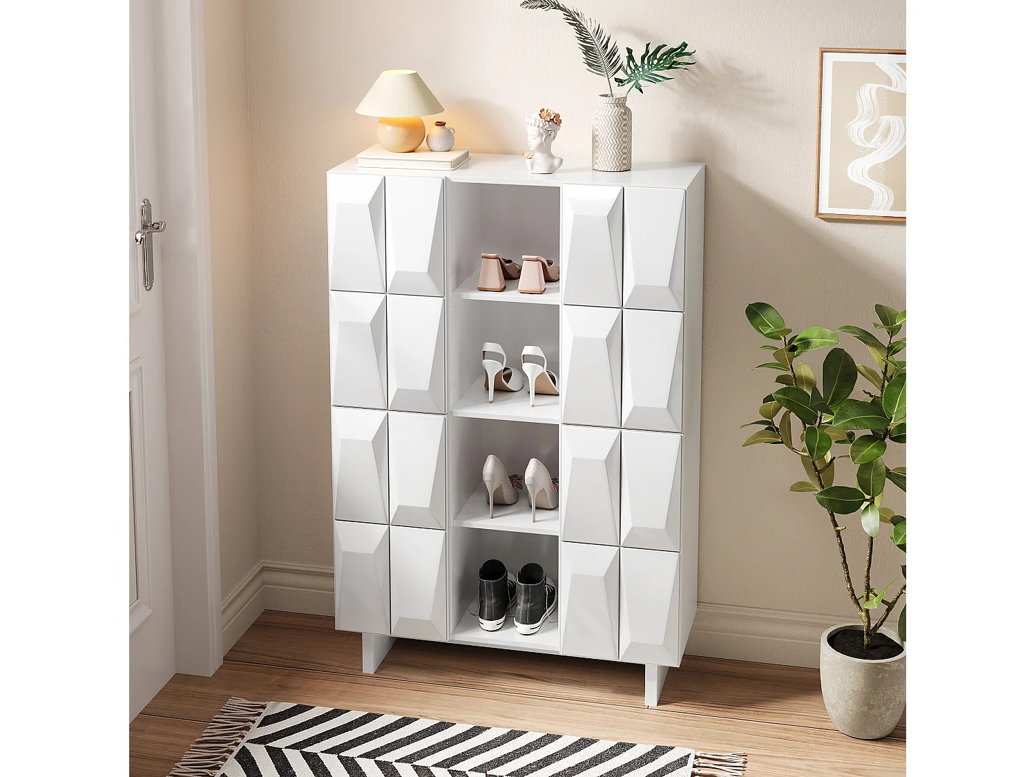 Vitrine/Meuble à chaussures - Avec 4 portes à décor en relief - 12 étagères ouvertes - Panneaux de particules - Blanc