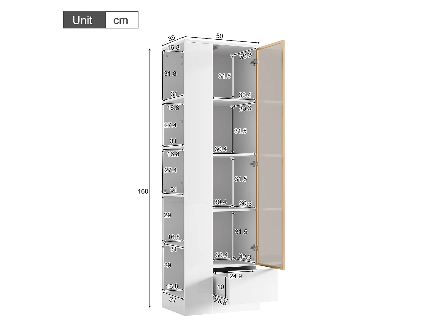 Vitrine 50x35x160cm - avec 1 porte vitrée et 1 tiroir - avec éclairage LED - compartiments de rangement ouverts - Blanc