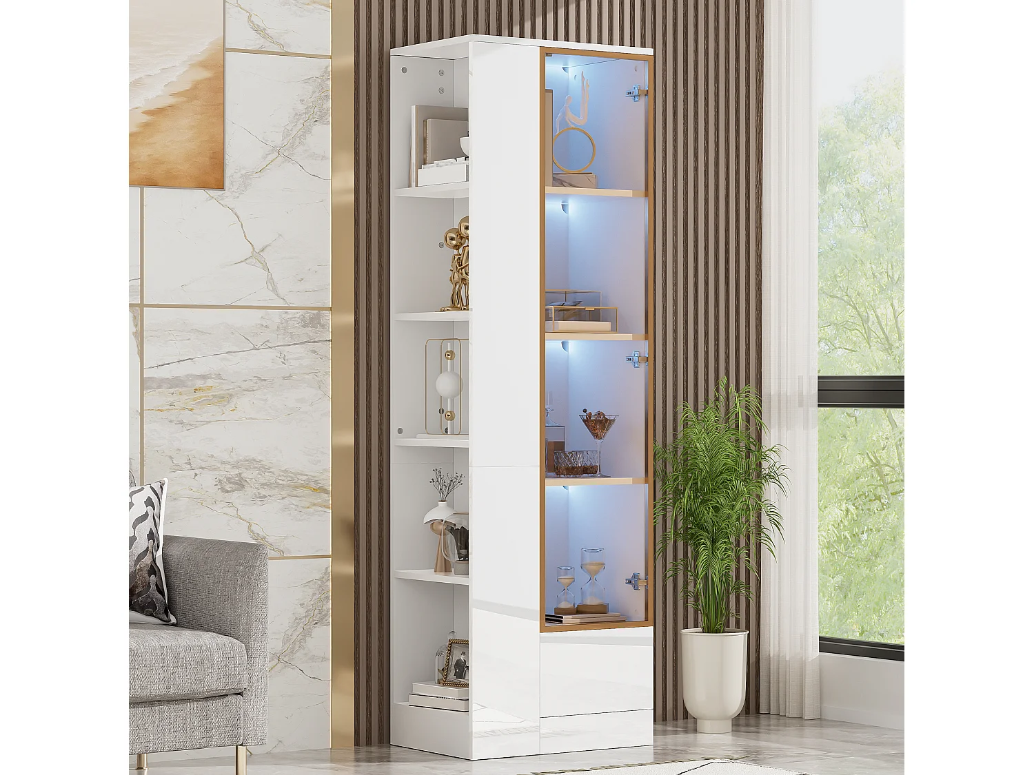 Vitrine 50x35x160cm - avec 1 porte vitrée et 1 tiroir - avec éclairage LED - compartiments de rangement ouverts - Blanc