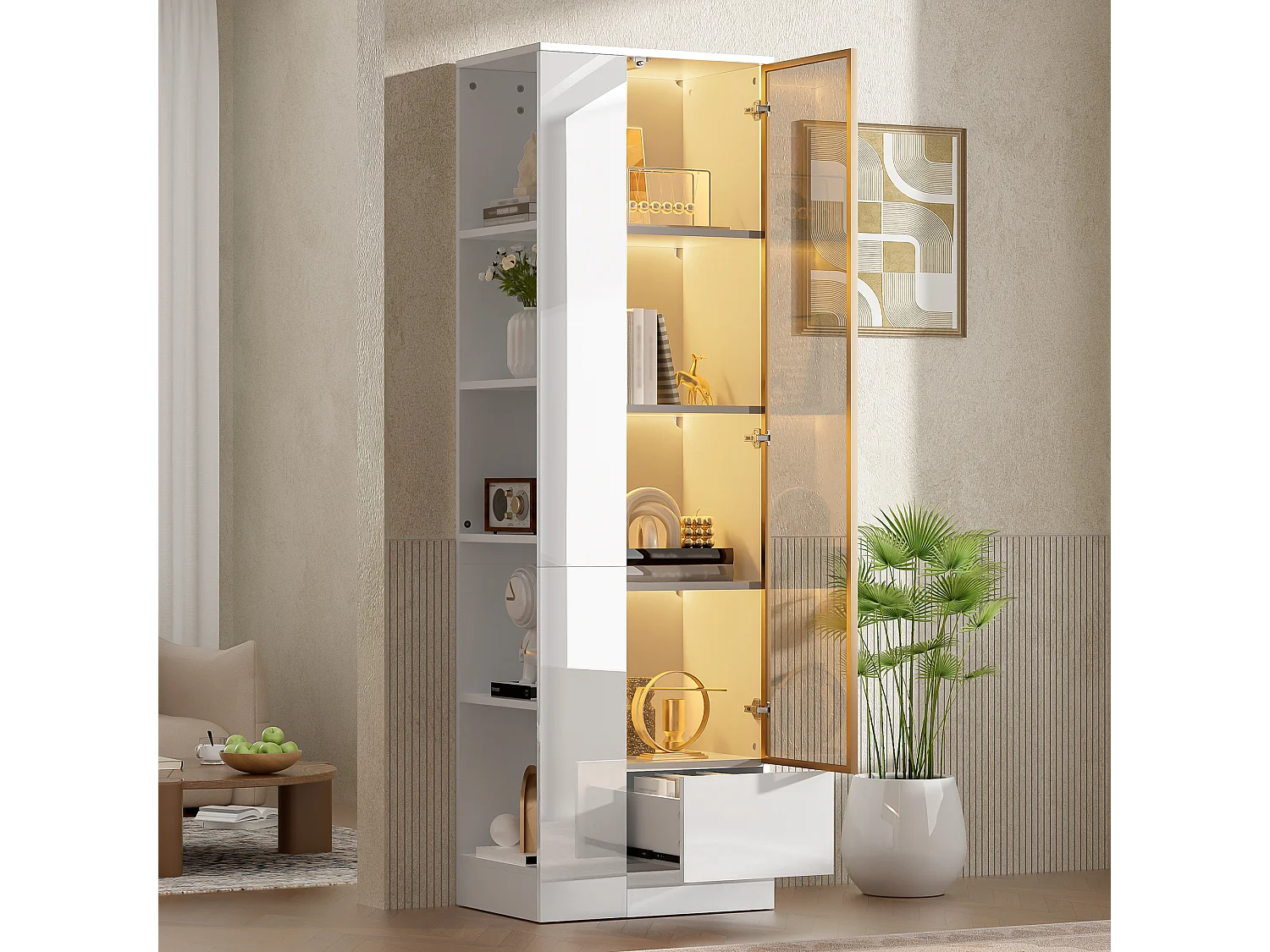 Vitrine 50x35x160cm - avec 1 porte vitrée et 1 tiroir - avec éclairage LED - compartiments de rangement ouverts - Blanc