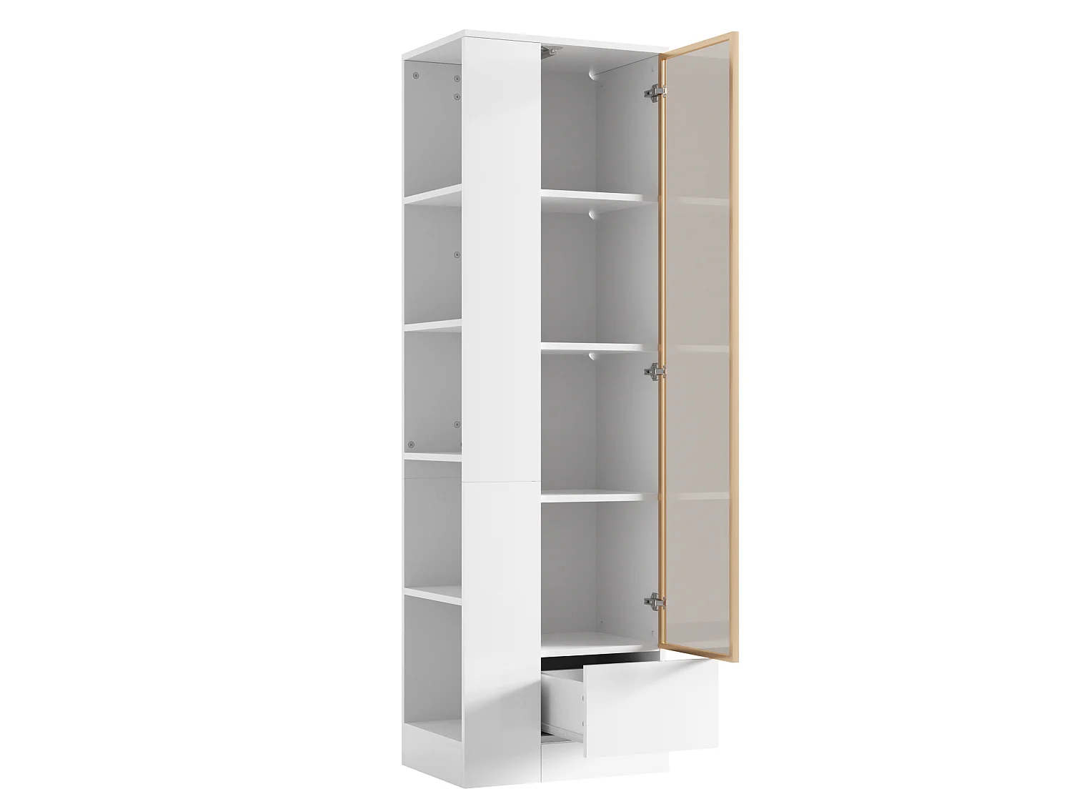 Vitrine 50x35x160cm - avec 1 porte vitrée et 1 tiroir - avec éclairage LED - compartiments de rangement ouverts - Blanc