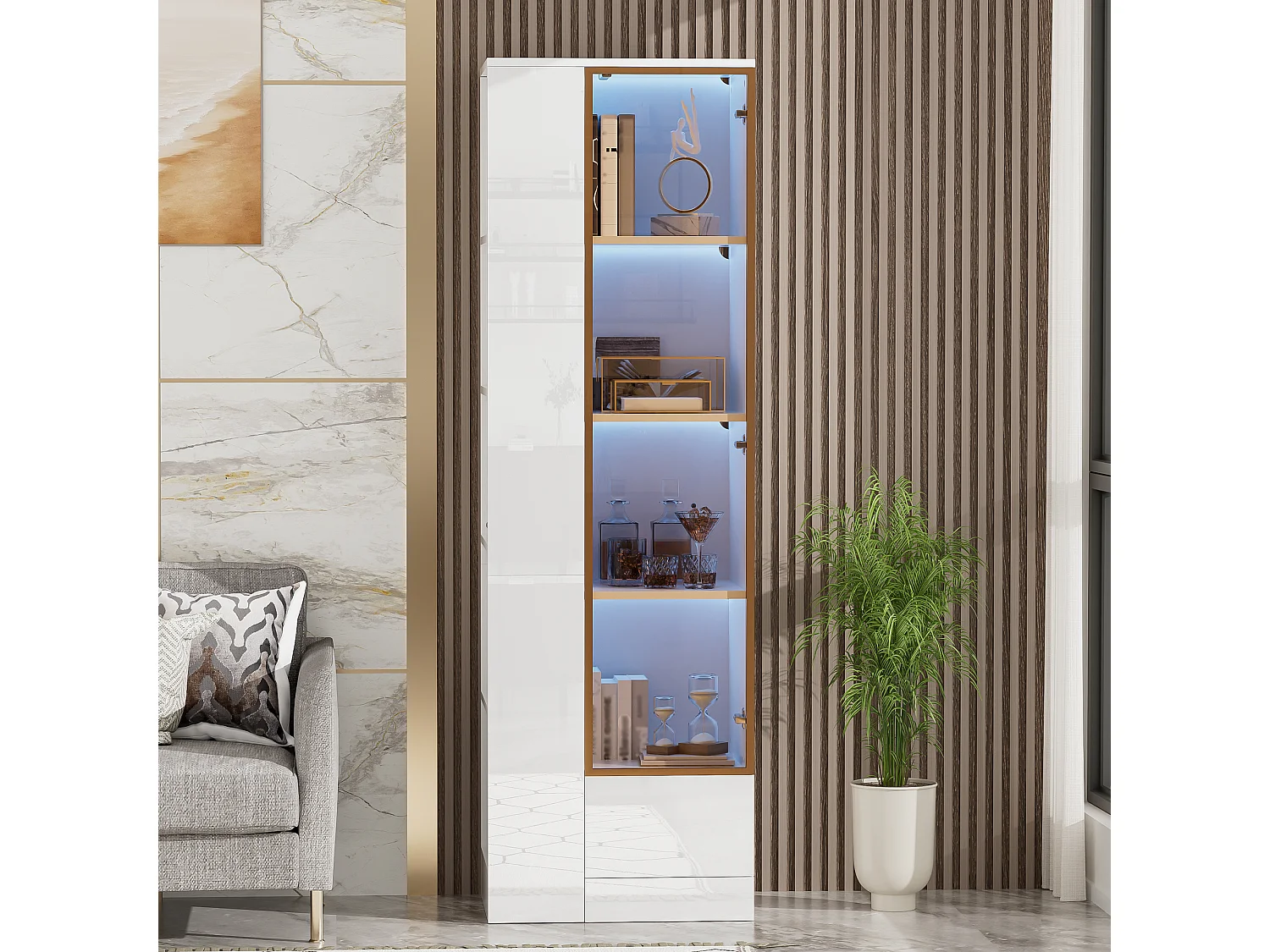 Vitrine 50x35x160cm - avec 1 porte vitrée et 1 tiroir - avec éclairage LED - compartiments de rangement ouverts - Blanc