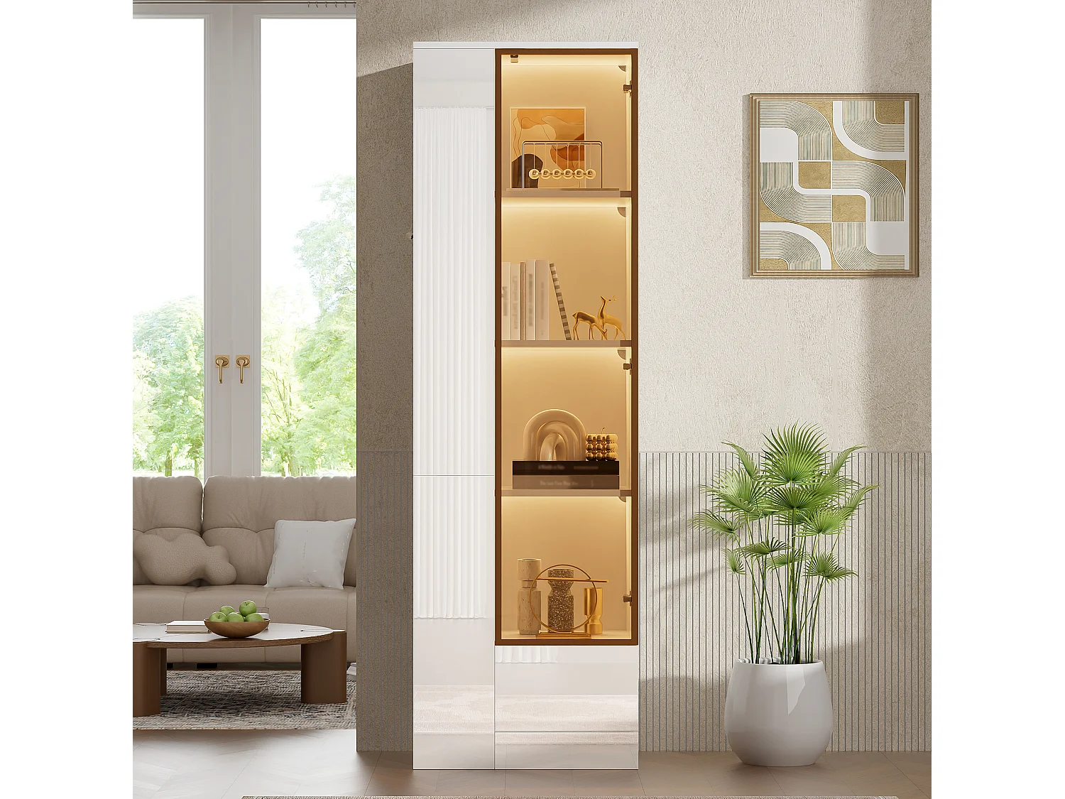 Vitrine 50x35x160cm - avec 1 porte vitrée et 1 tiroir - avec éclairage LED - compartiments de rangement ouverts - Blanc