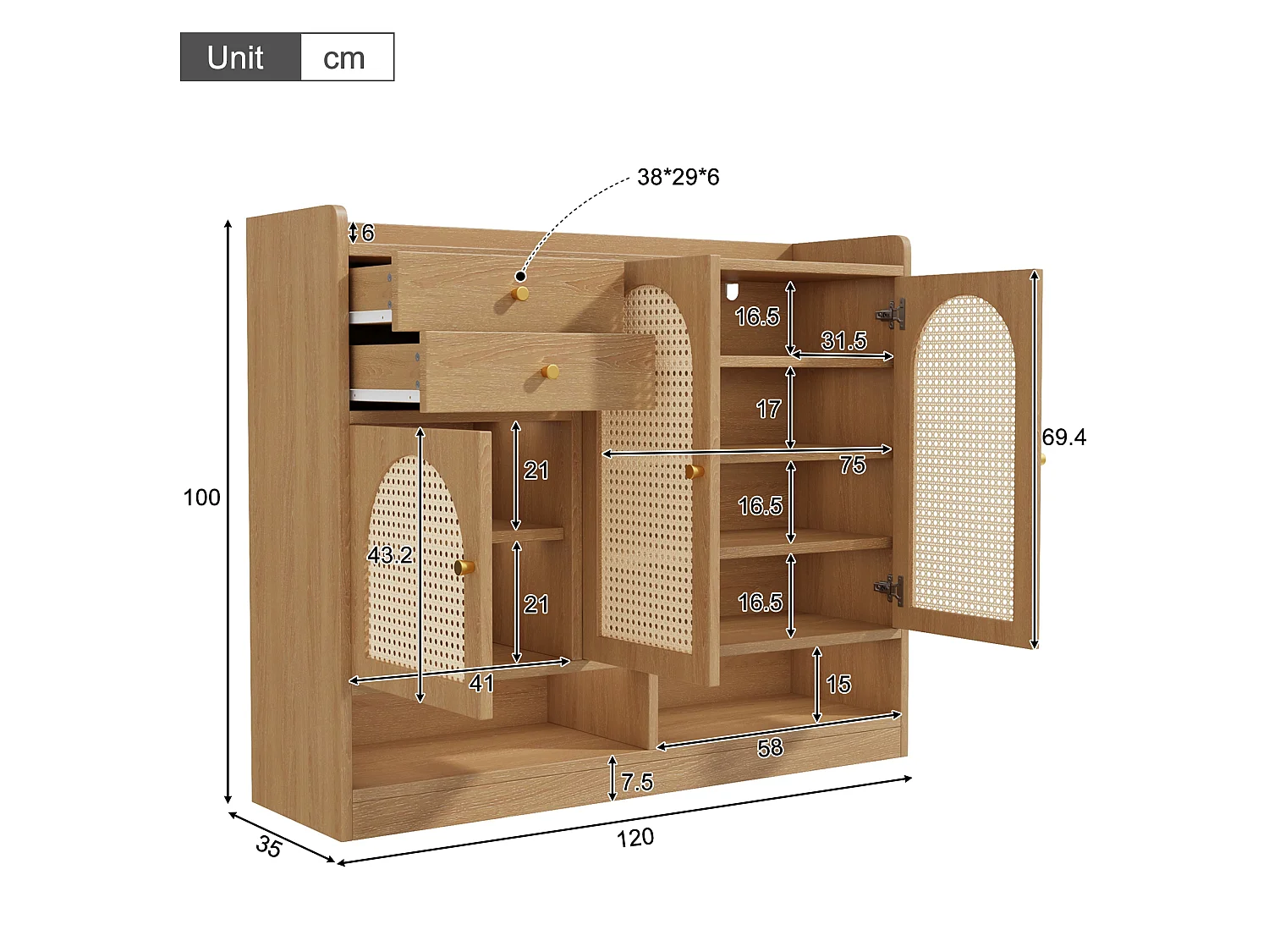 Meuble à chaussures 120x35x100cm - avec éclairage LED - avec 3 portes en rotin et 2 tiroirs - compartiments de rangement ouverts - Naturel