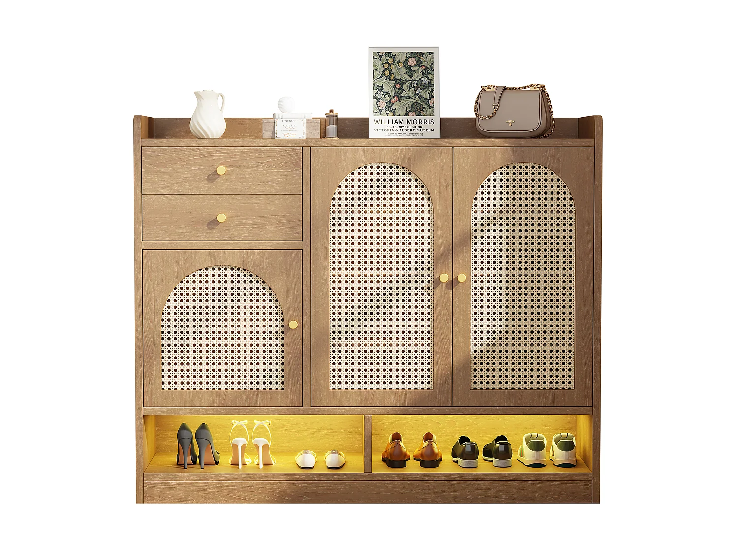 Meuble à chaussures 120x35x100cm - avec éclairage LED - avec 3 portes en rotin et 2 tiroirs - compartiments de rangement ouverts - Naturel