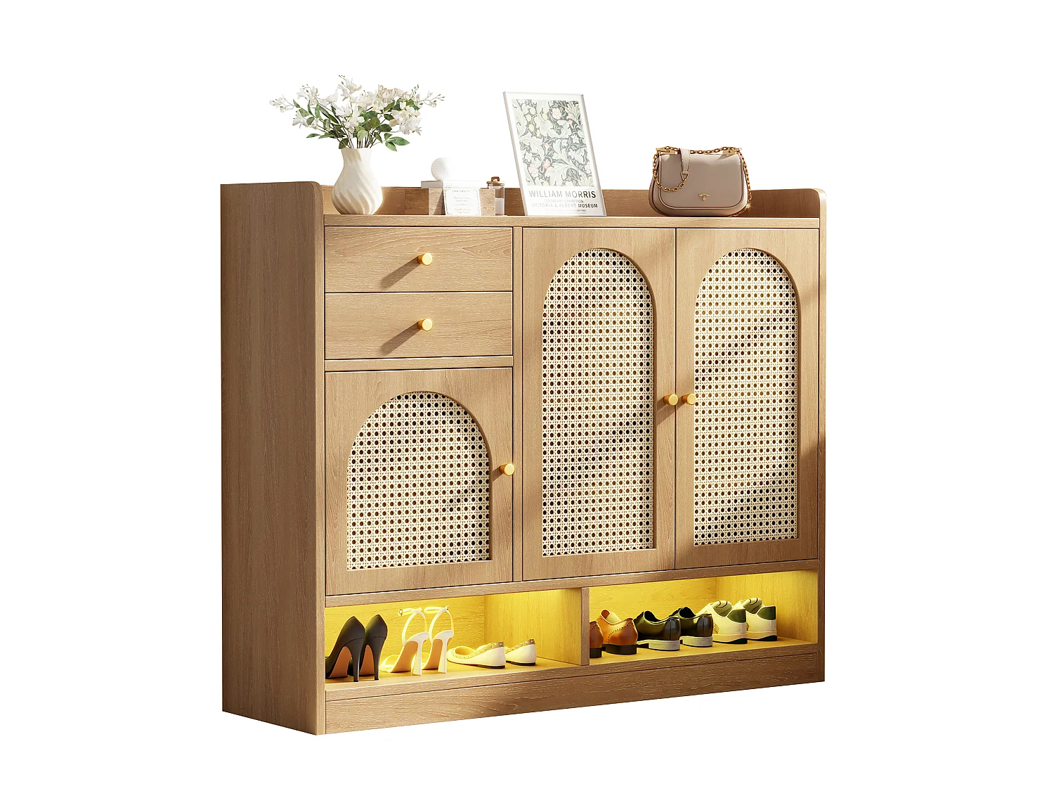 Meuble à chaussures 120x35x100cm - avec éclairage LED - avec 3 portes en rotin et 2 tiroirs - compartiments de rangement ouverts - Naturel