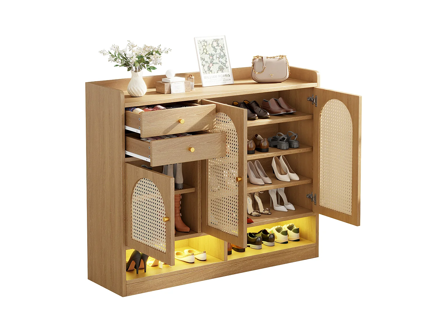 Meuble à chaussures 120x35x100cm - avec éclairage LED - avec 3 portes en rotin et 2 tiroirs - compartiments de rangement ouverts - Naturel