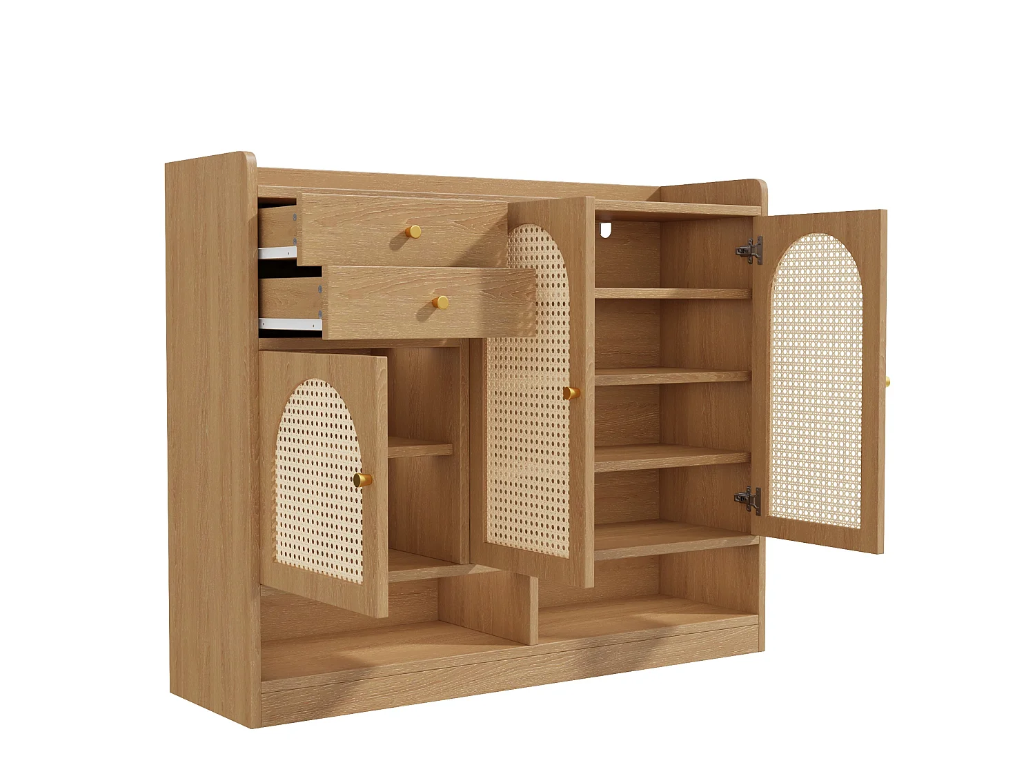 Meuble à chaussures 120x35x100cm - avec éclairage LED - avec 3 portes en rotin et 2 tiroirs - compartiments de rangement ouverts - Naturel