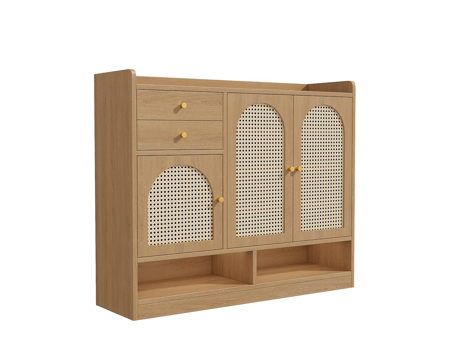 Meuble à chaussures 120x35x100cm - avec éclairage LED - avec 3 portes en rotin et 2 tiroirs - compartiments de rangement ouverts - Naturel