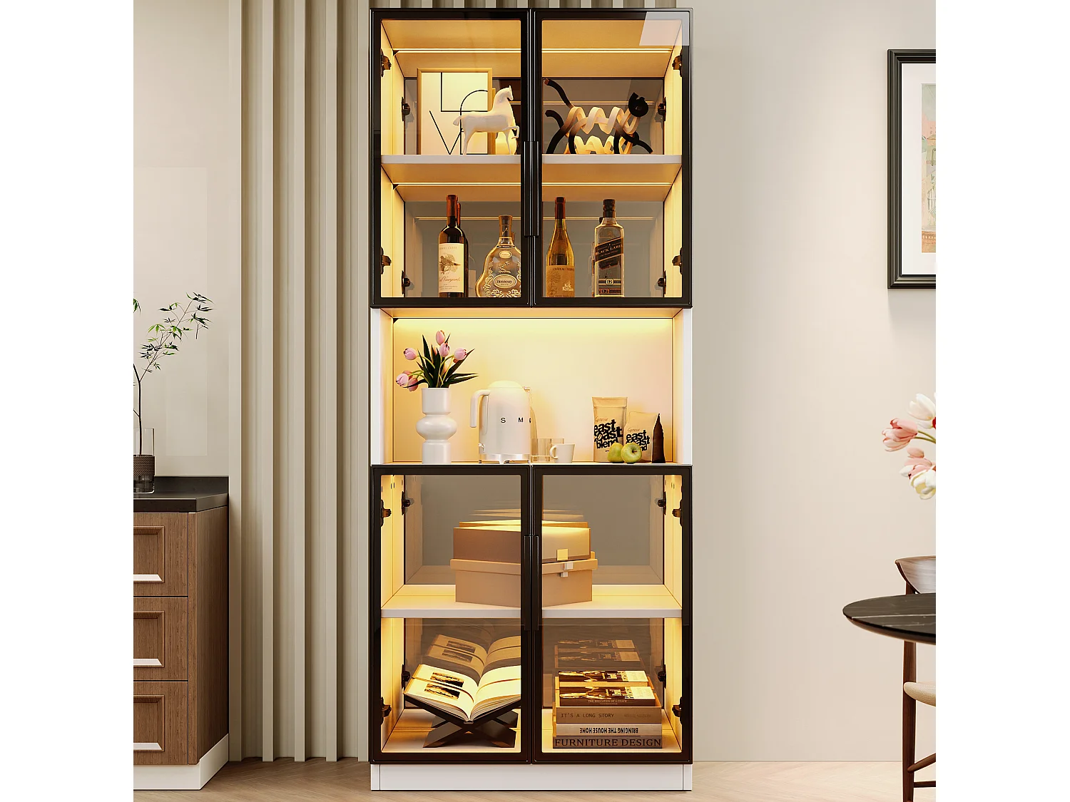 Lot de 2 vitrines en verre 140 x 30 x 170 cm - Éclairage LED et fond miroir - Avec 8 portes en verre trempé gris - MDF - Blanc