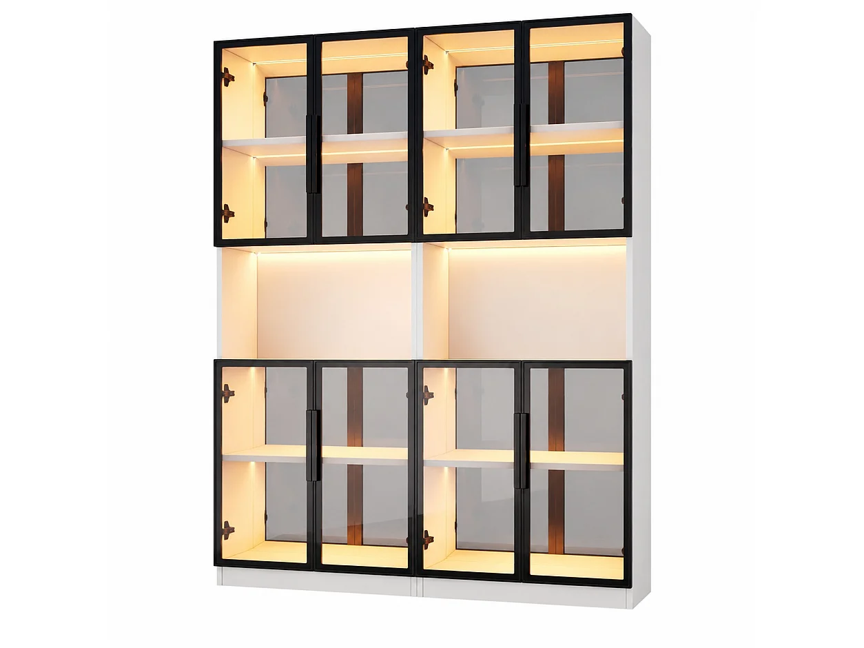 Lot de 2 vitrines en verre 140 x 30 x 170 cm - Éclairage LED et fond miroir - Avec 8 portes en verre trempé gris - MDF - Blanc