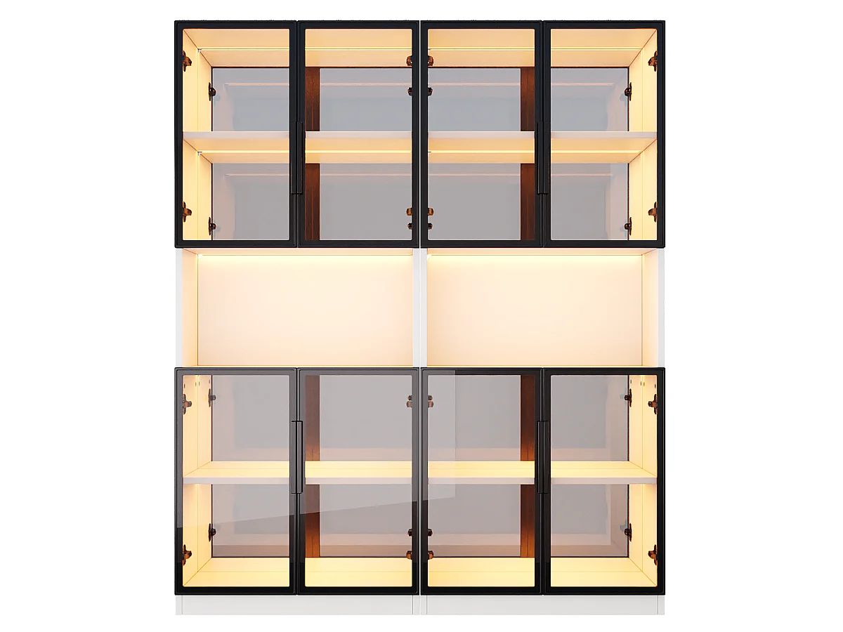 Lot de 2 vitrines en verre 140 x 30 x 170 cm - Éclairage LED et fond miroir - Avec 8 portes en verre trempé gris - MDF - Blanc