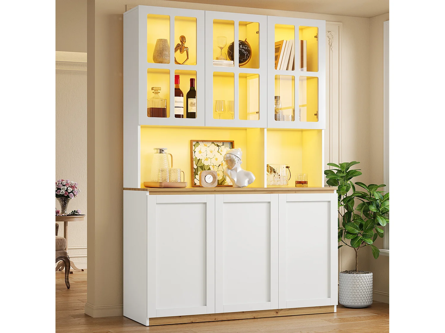 Moderne vitrine 120x38x200 cm - Met LED en glazen deuren - 6 deuren en houten plank - MDF - Wit+Natuurlijk