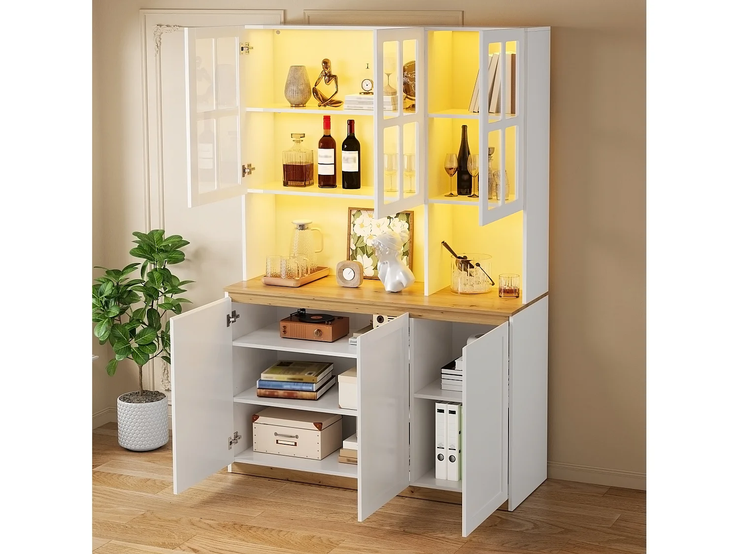 Moderne vitrine 120x38x200 cm - Met LED en glazen deuren - 6 deuren en houten plank - MDF - Wit+Natuurlijk