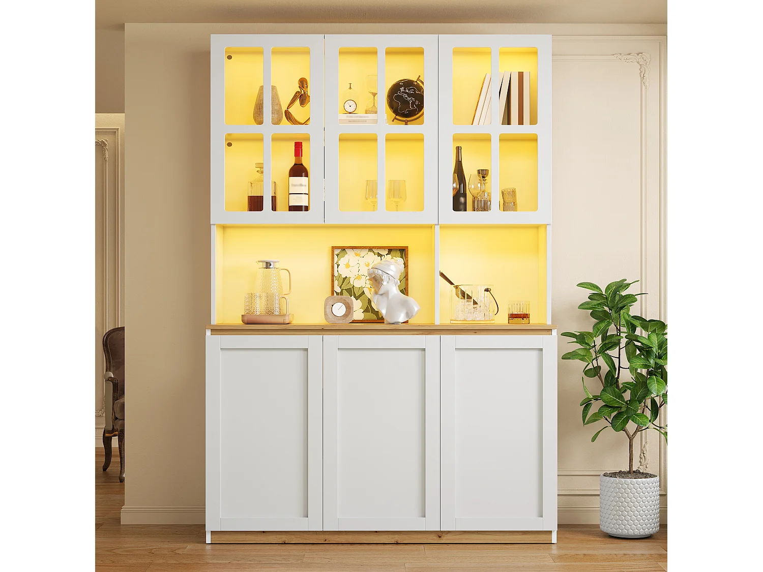 Moderne vitrine 120x38x200 cm - Met LED en glazen deuren - 6 deuren en houten plank - MDF - Wit+Natuurlijk