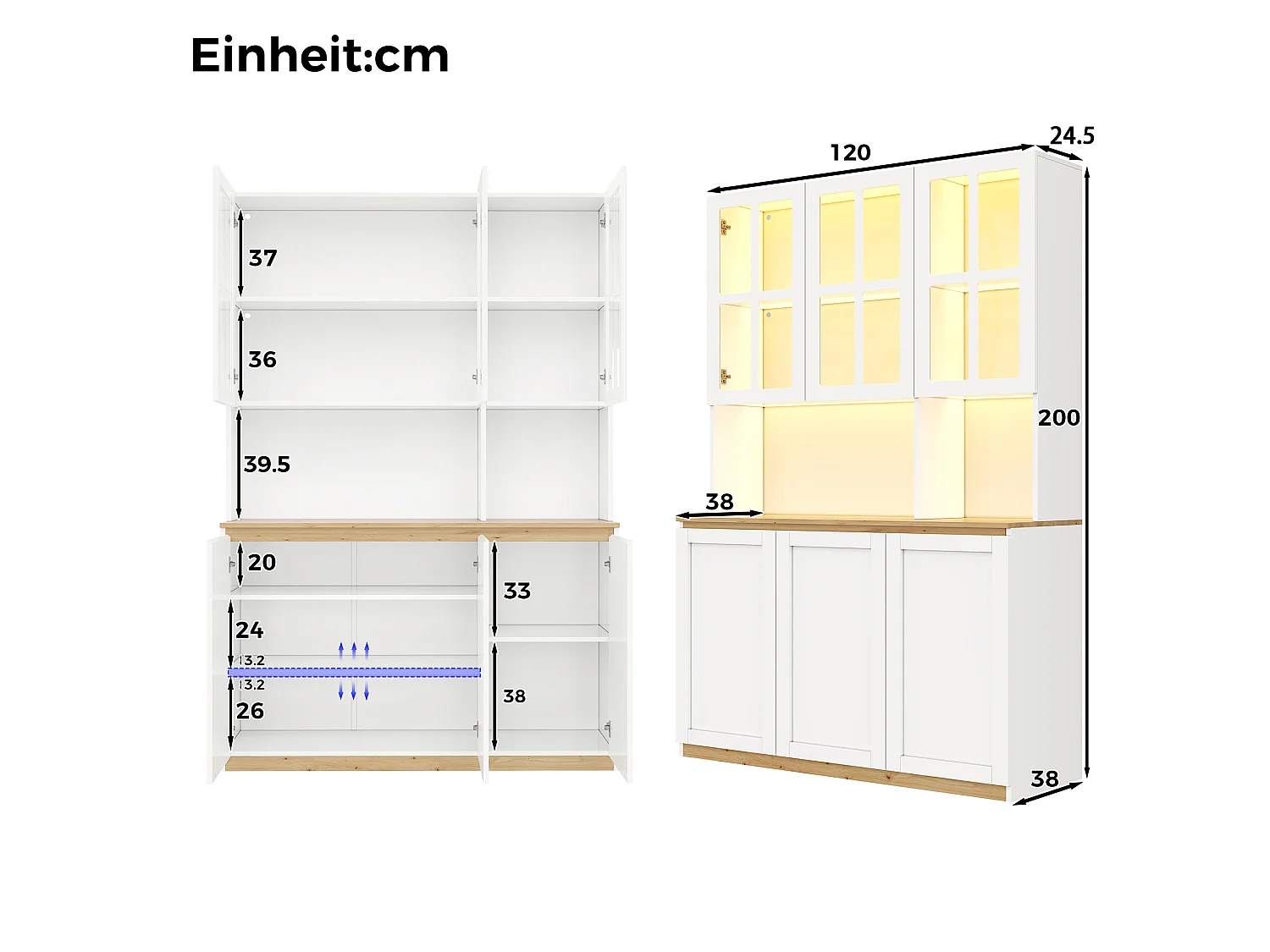 Moderne vitrine 120x38x200 cm - Met LED en glazen deuren - 6 deuren en houten plank - MDF - Wit+Natuurlijk