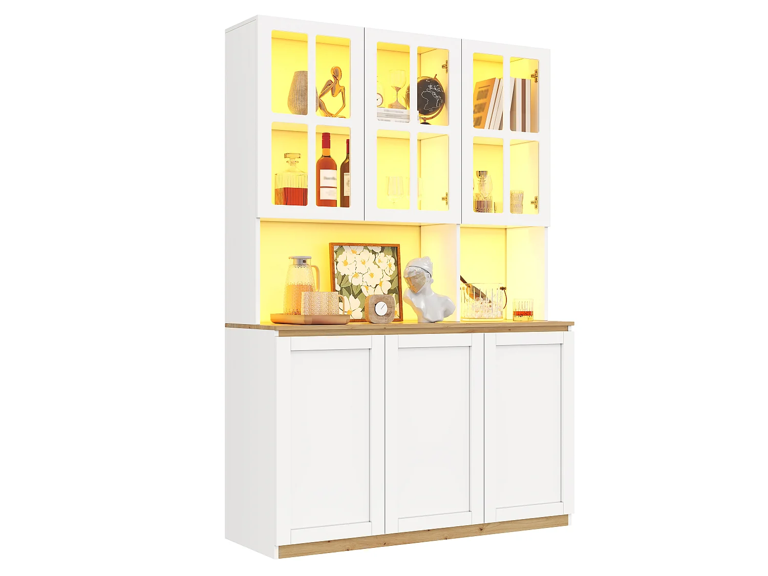 Moderne vitrine 120x38x200 cm - Met LED en glazen deuren - 6 deuren en houten plank - MDF - Wit+Natuurlijk