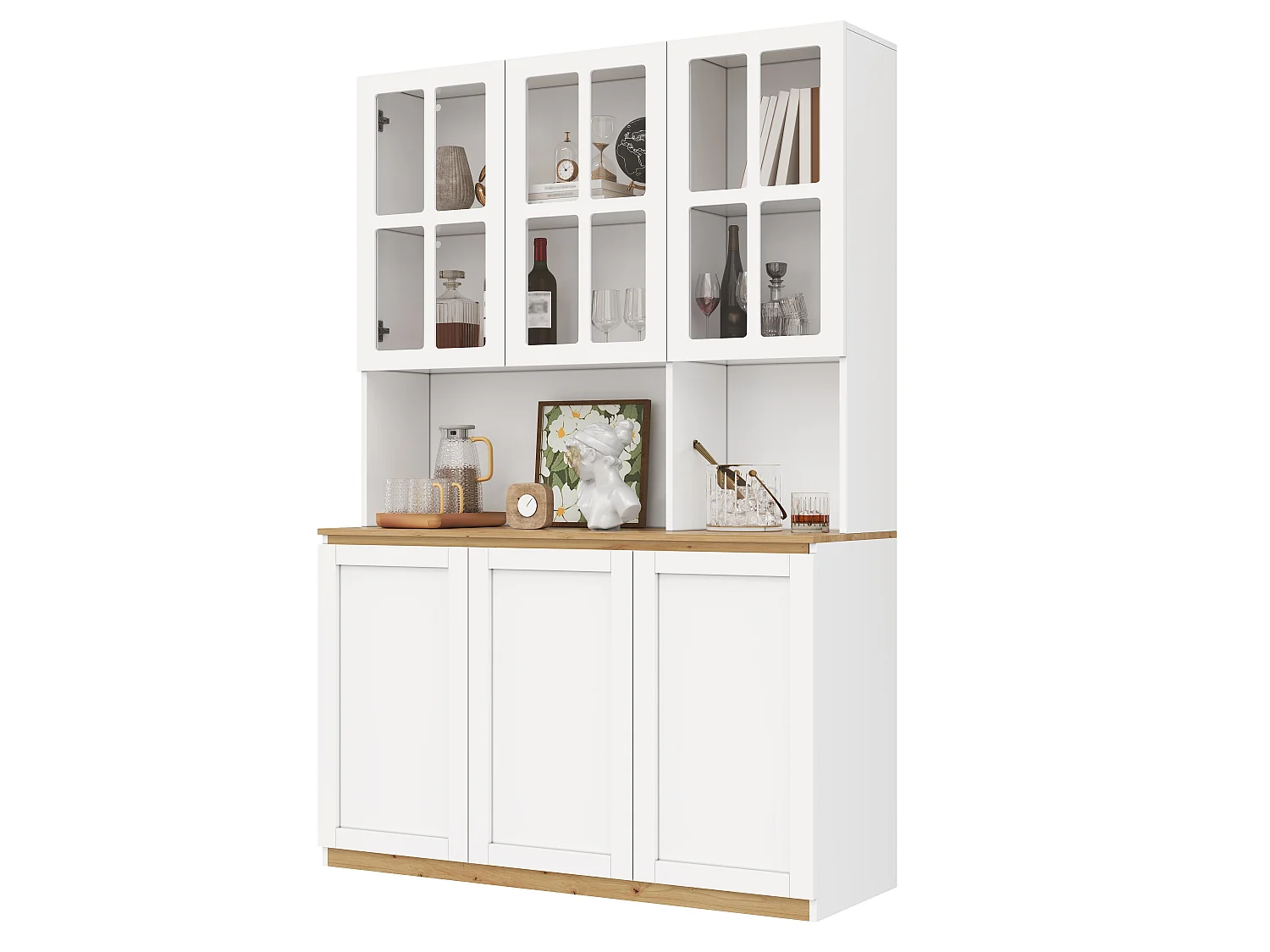 Moderne vitrine 120x38x200 cm - Met LED en glazen deuren - 6 deuren en houten plank - MDF - Wit+Natuurlijk