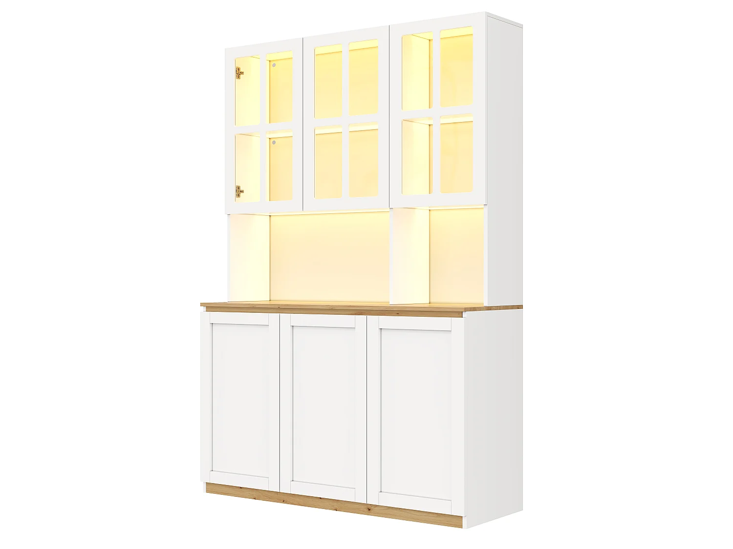 Moderne vitrine 120x38x200 cm - Met LED en glazen deuren - 6 deuren en houten plank - MDF - Wit+Natuurlijk