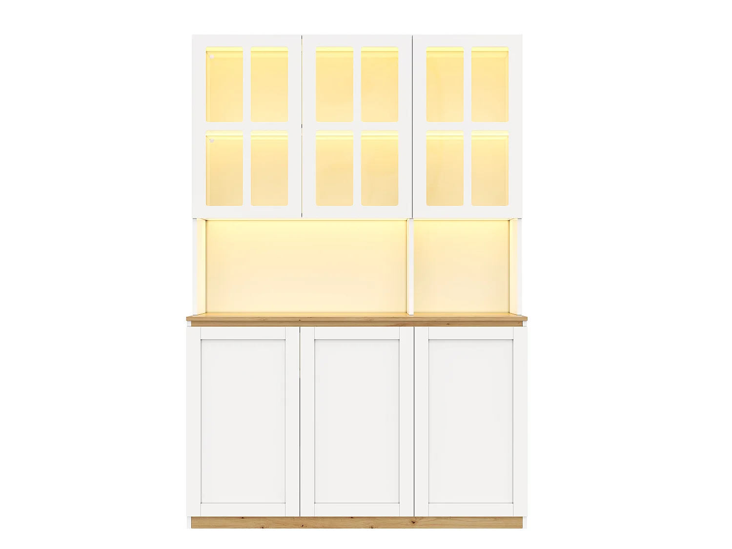 Moderne vitrine 120x38x200 cm - Met LED en glazen deuren - 6 deuren en houten plank - MDF - Wit+Natuurlijk