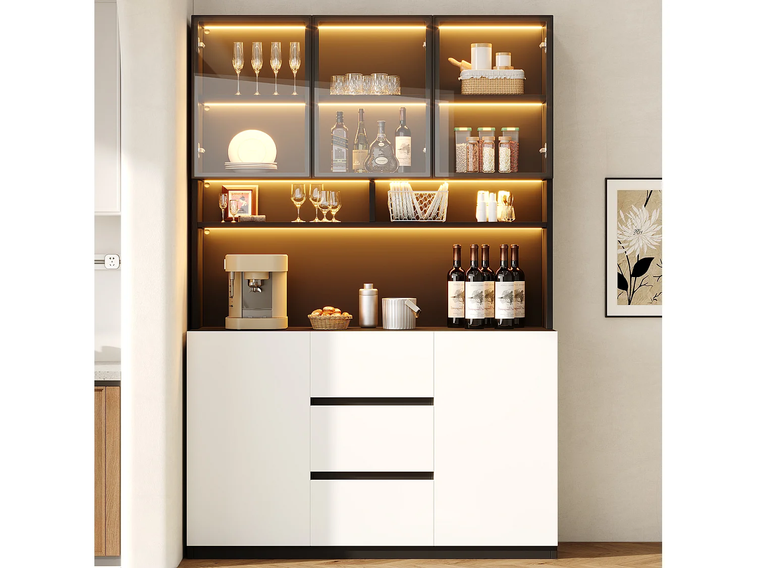 Vitrine moderne 120x38x200 cm - avec LED et portes vitrées - 5 portes, 3 tiroirs et étagères ouvertes - MDF - Blanc et noir