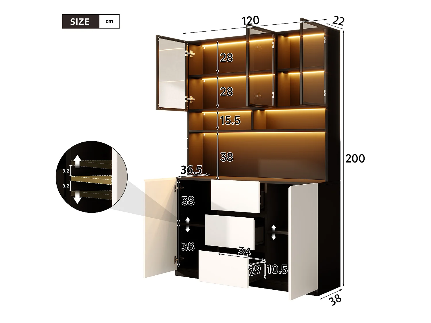 Vitrine moderne 120x38x200 cm - avec LED et portes vitrées - 5 portes, 3 tiroirs et étagères ouvertes - MDF - Blanc et noir