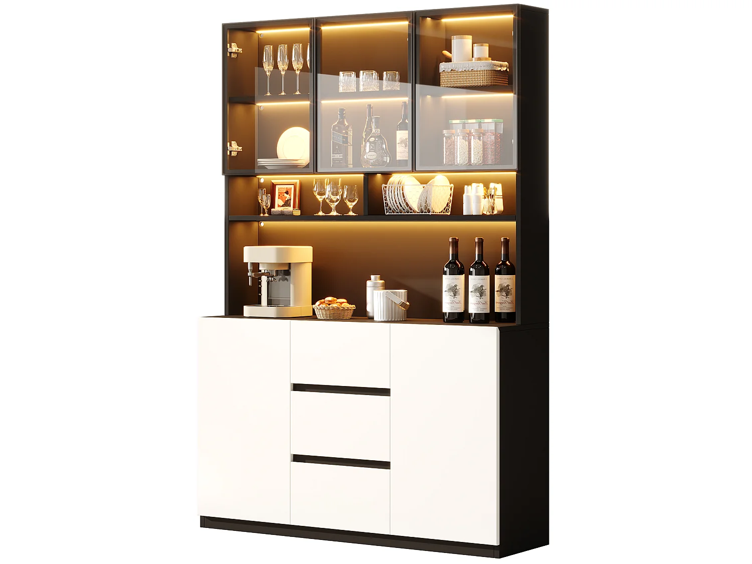 Vitrine moderne 120x38x200 cm - avec LED et portes vitrées - 5 portes, 3 tiroirs et étagères ouvertes - MDF - Blanc et noir