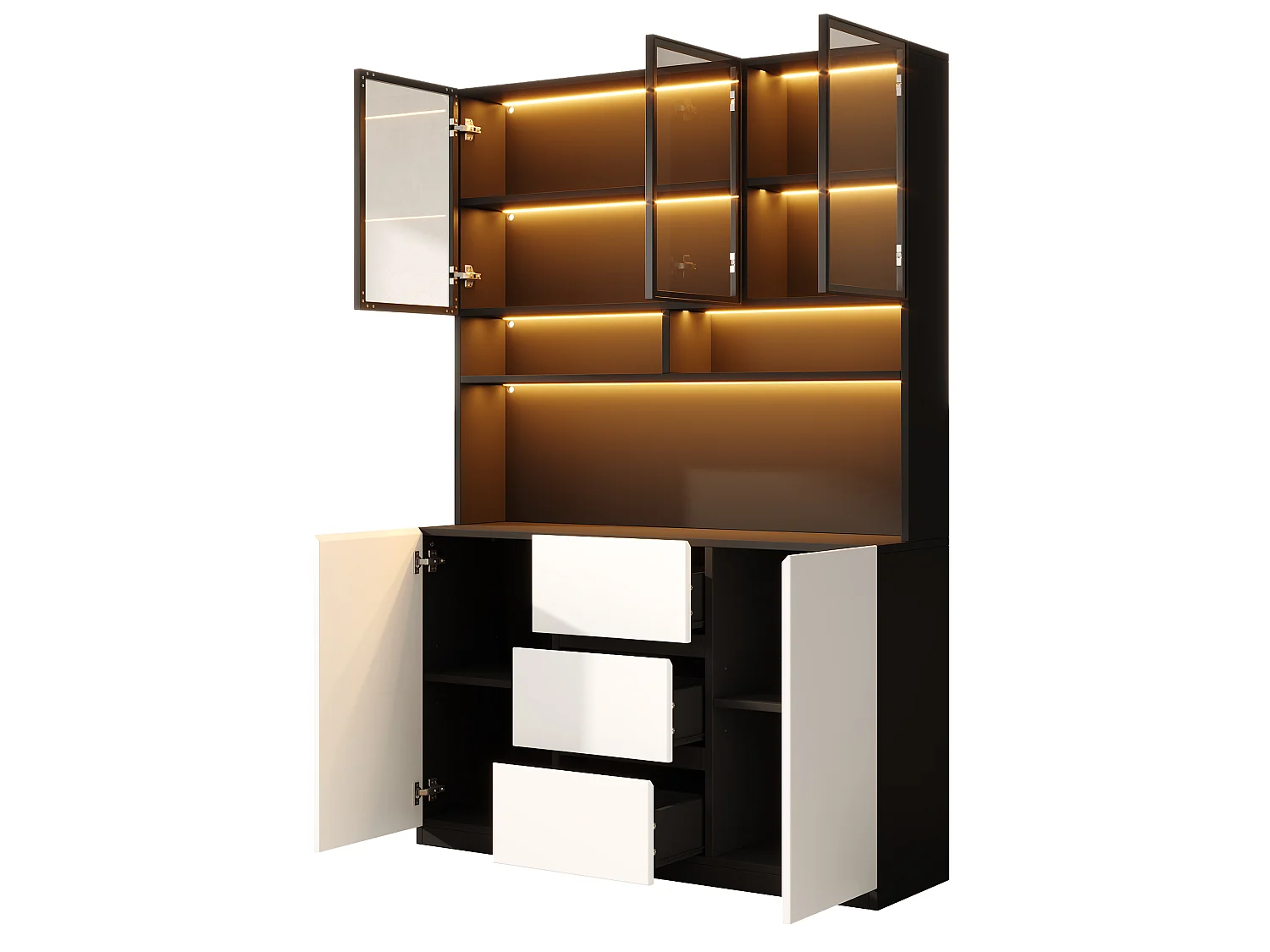 Vitrine moderne 120x38x200 cm - avec LED et portes vitrées - 5 portes, 3 tiroirs et étagères ouvertes - MDF - Blanc et noir