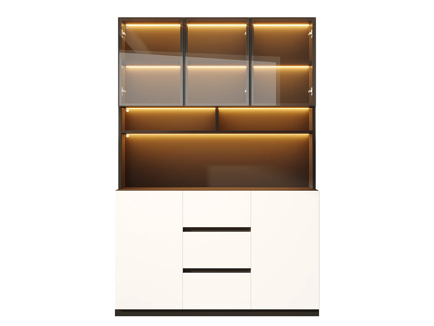 Vitrine moderne 120x38x200 cm - avec LED et portes vitrées - 5 portes, 3 tiroirs et étagères ouvertes - MDF - Blanc et noir