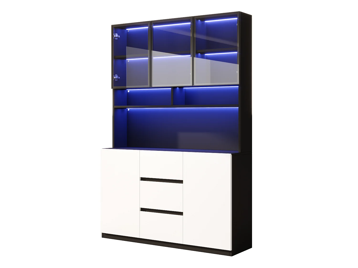 Vitrine moderne 120x38x200 cm - avec LED et portes vitrées - 5 portes, 3 tiroirs et étagères ouvertes - MDF - Blanc et noir