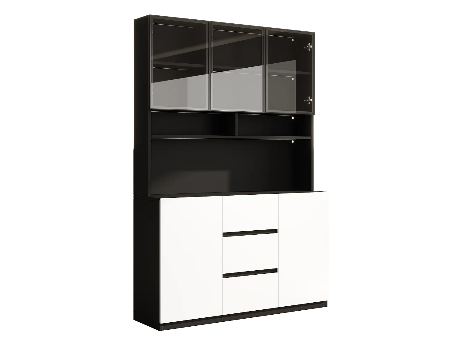 Vitrine moderne 120x38x200 cm - avec LED et portes vitrées - 5 portes, 3 tiroirs et étagères ouvertes - MDF - Blanc et noir
