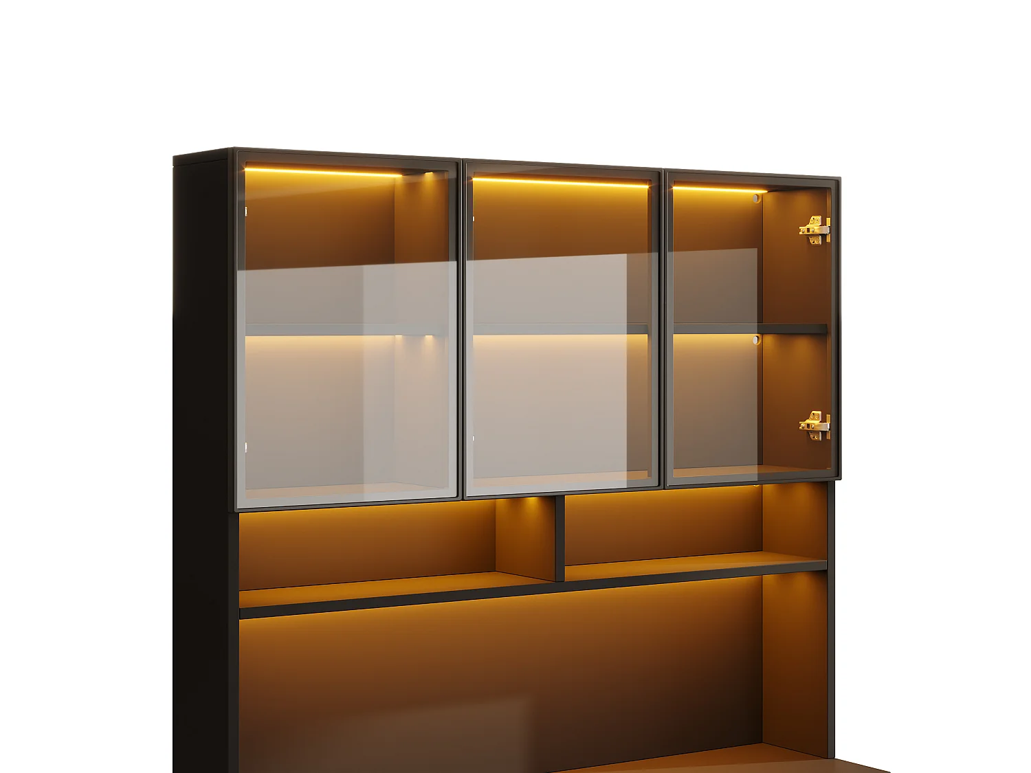 Vitrine moderne 120x38x200 cm - avec LED et portes vitrées - 5 portes, 3 tiroirs et étagères ouvertes - MDF - Blanc et noir