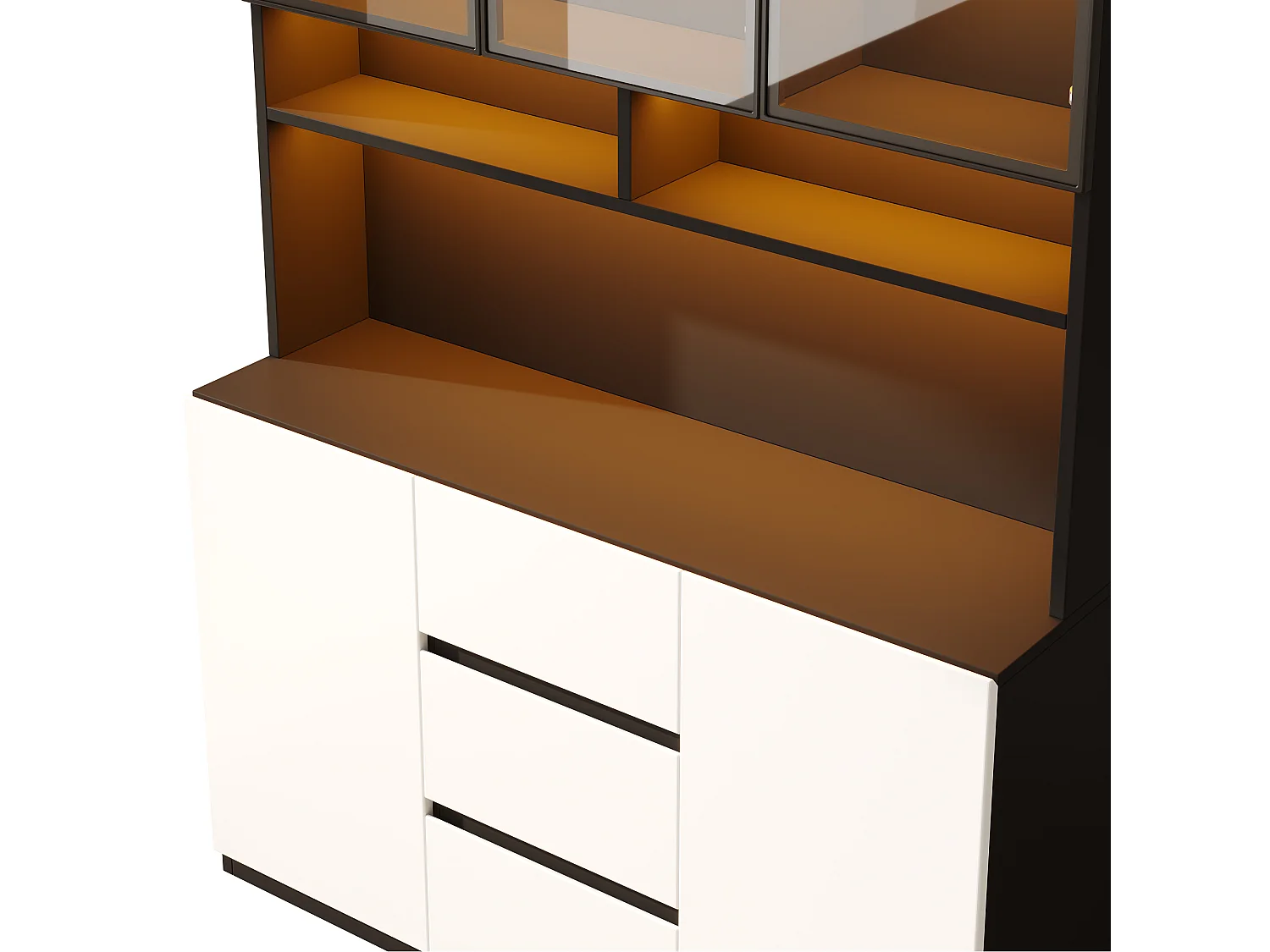 Vitrine moderne 120x38x200 cm - avec LED et portes vitrées - 5 portes, 3 tiroirs et étagères ouvertes - MDF - Blanc et noir