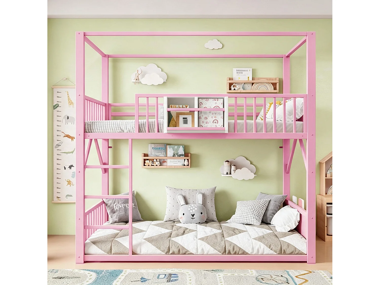 Metal stapelbed 90 x 200 cm - met veiligheidshekken - met ladder - roze (matras niet inbegrepen)