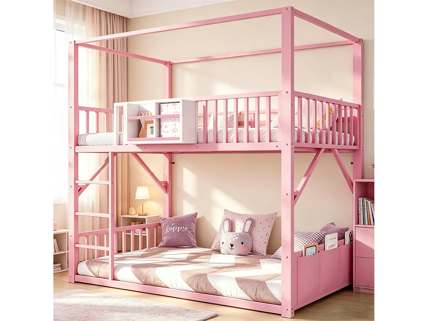 Metal stapelbed 90 x 200 cm - met veiligheidshekken - met ladder - roze (matras niet inbegrepen)