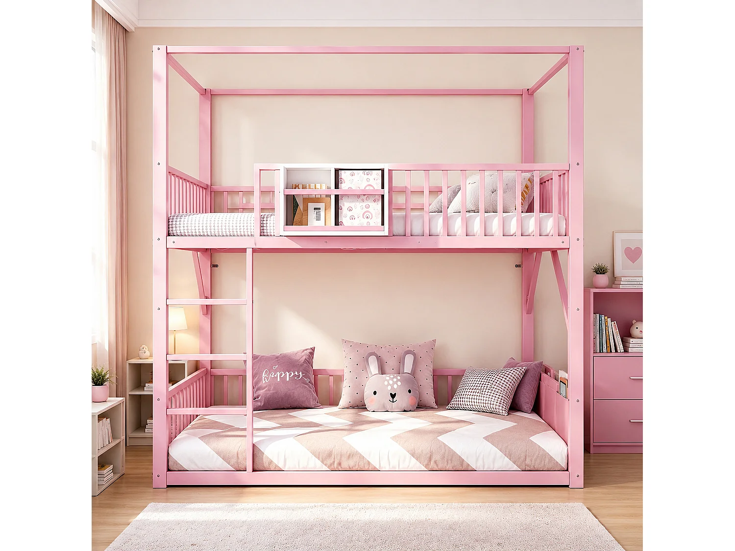Metal stapelbed 90 x 200 cm - met veiligheidshekken - met ladder - roze (matras niet inbegrepen)