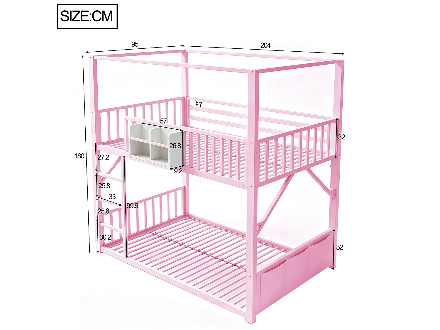 Metal stapelbed 90 x 200 cm - met veiligheidshekken - met ladder - roze (matras niet inbegrepen)