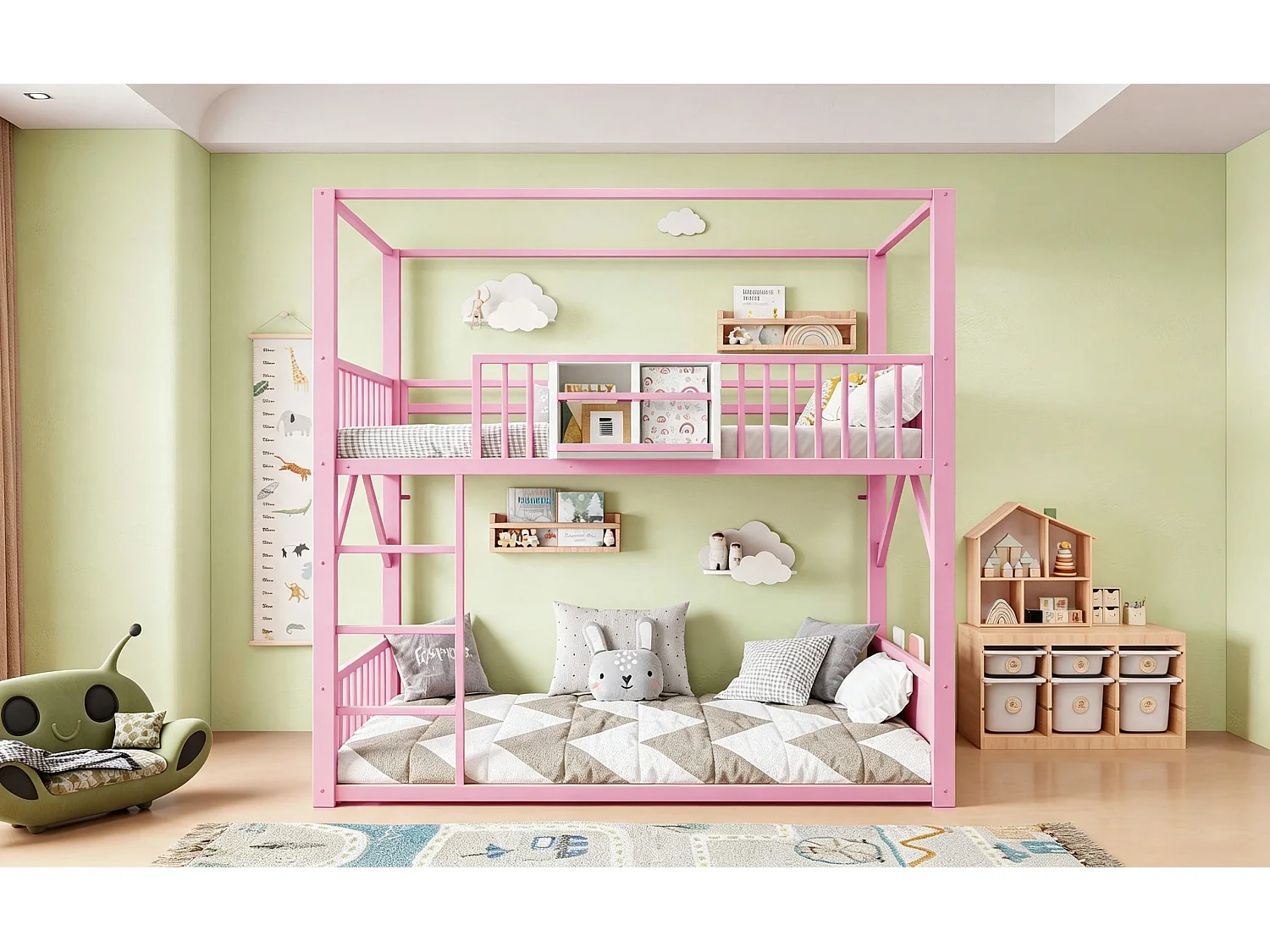 Metal stapelbed 90 x 200 cm - met veiligheidshekken - met ladder - roze (matras niet inbegrepen)