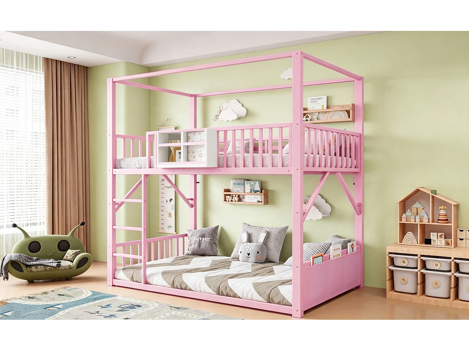Metal stapelbed 90 x 200 cm - met veiligheidshekken - met ladder - roze (matras niet inbegrepen)