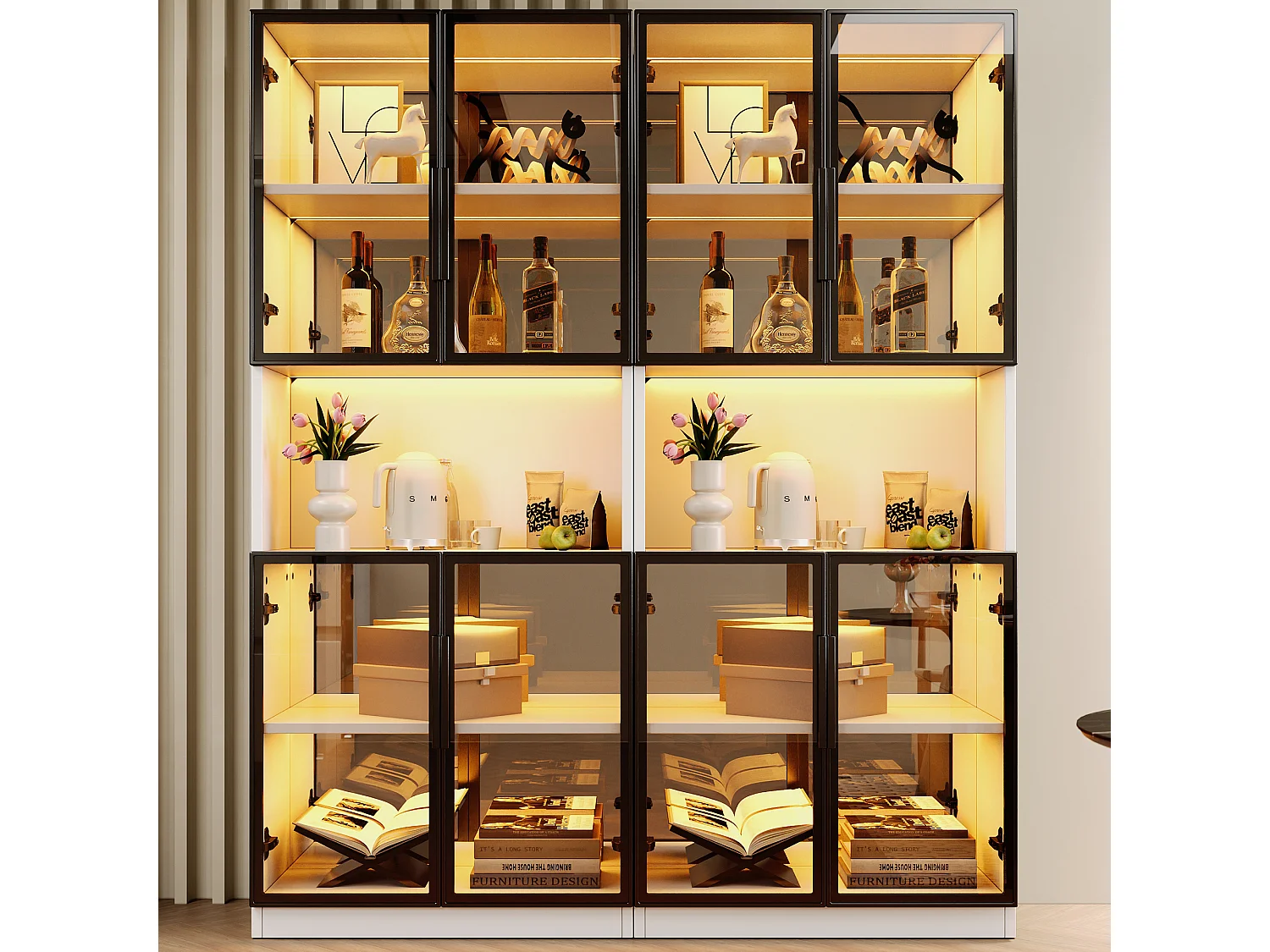 Vitrine en verre 70 x 30 x 170 cm - Éclairage LED et fond miroir - Avec 4 portes en verre trempé gris - MDF - Blanc