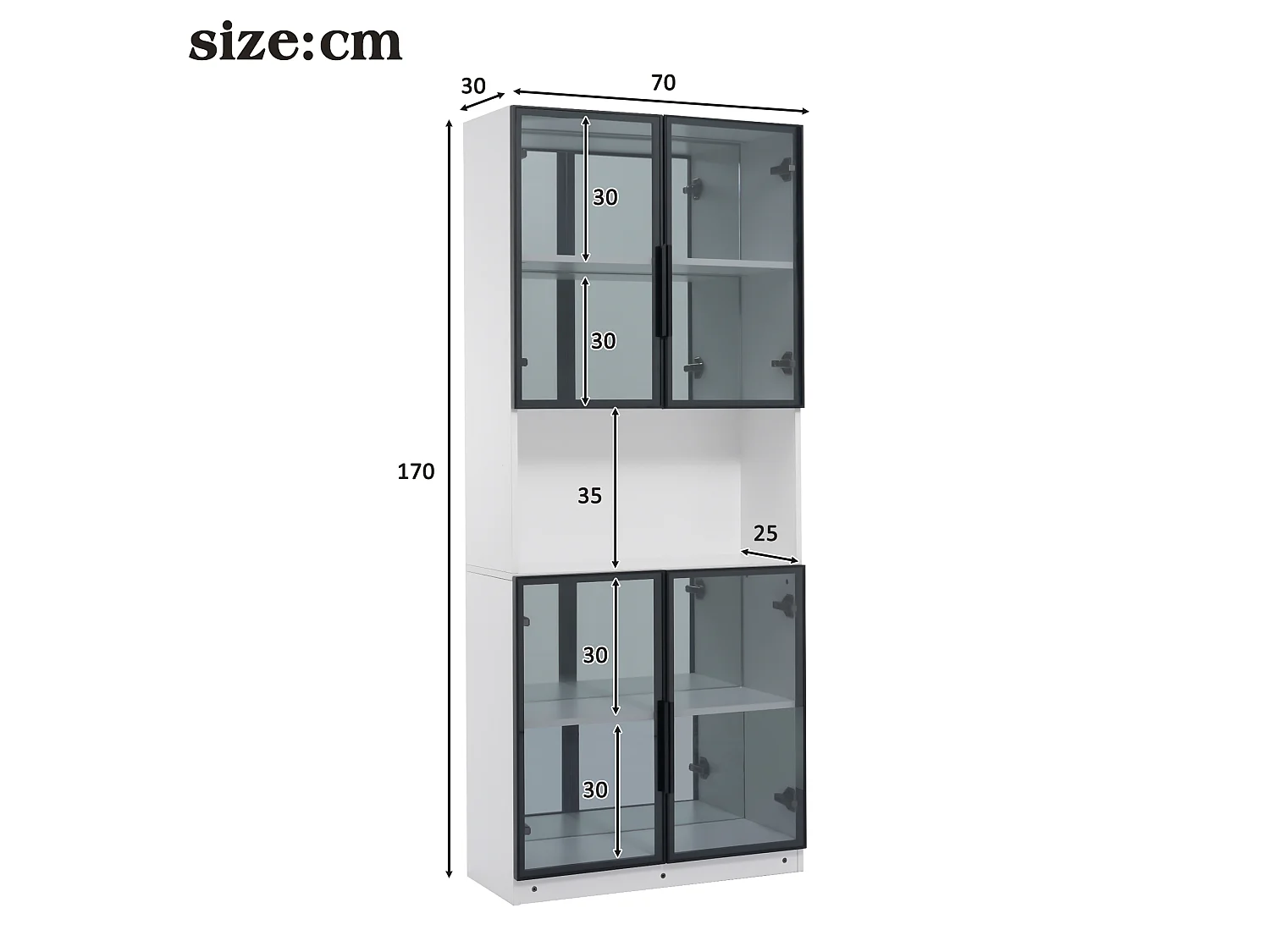 Vitrine en verre 70 x 30 x 170 cm - Éclairage LED et fond miroir - Avec 4 portes en verre trempé gris - MDF - Blanc