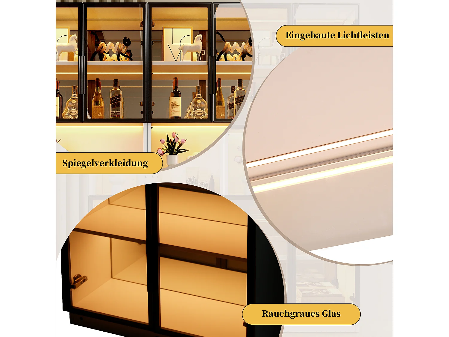 Vitrine en verre 70 x 30 x 170 cm - Éclairage LED et fond miroir - Avec 4 portes en verre trempé gris - MDF - Blanc