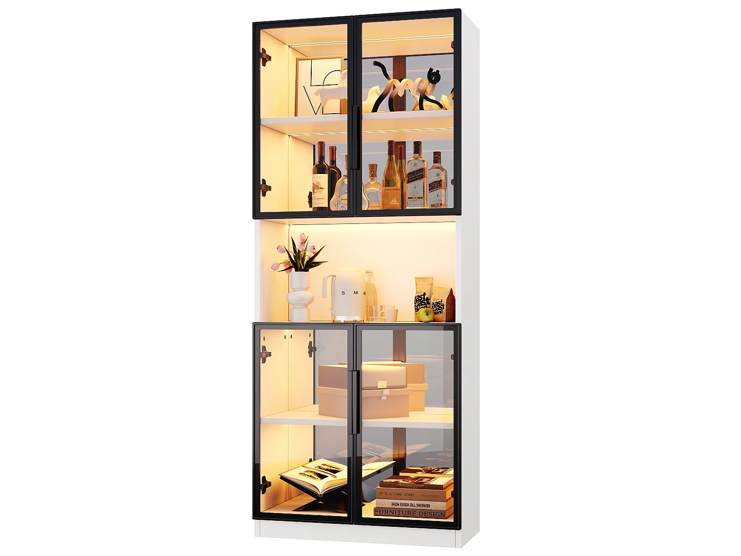 Vitrine en verre 70 x 30 x 170 cm - Éclairage LED et fond miroir - Avec 4 portes en verre trempé gris - MDF - Blanc