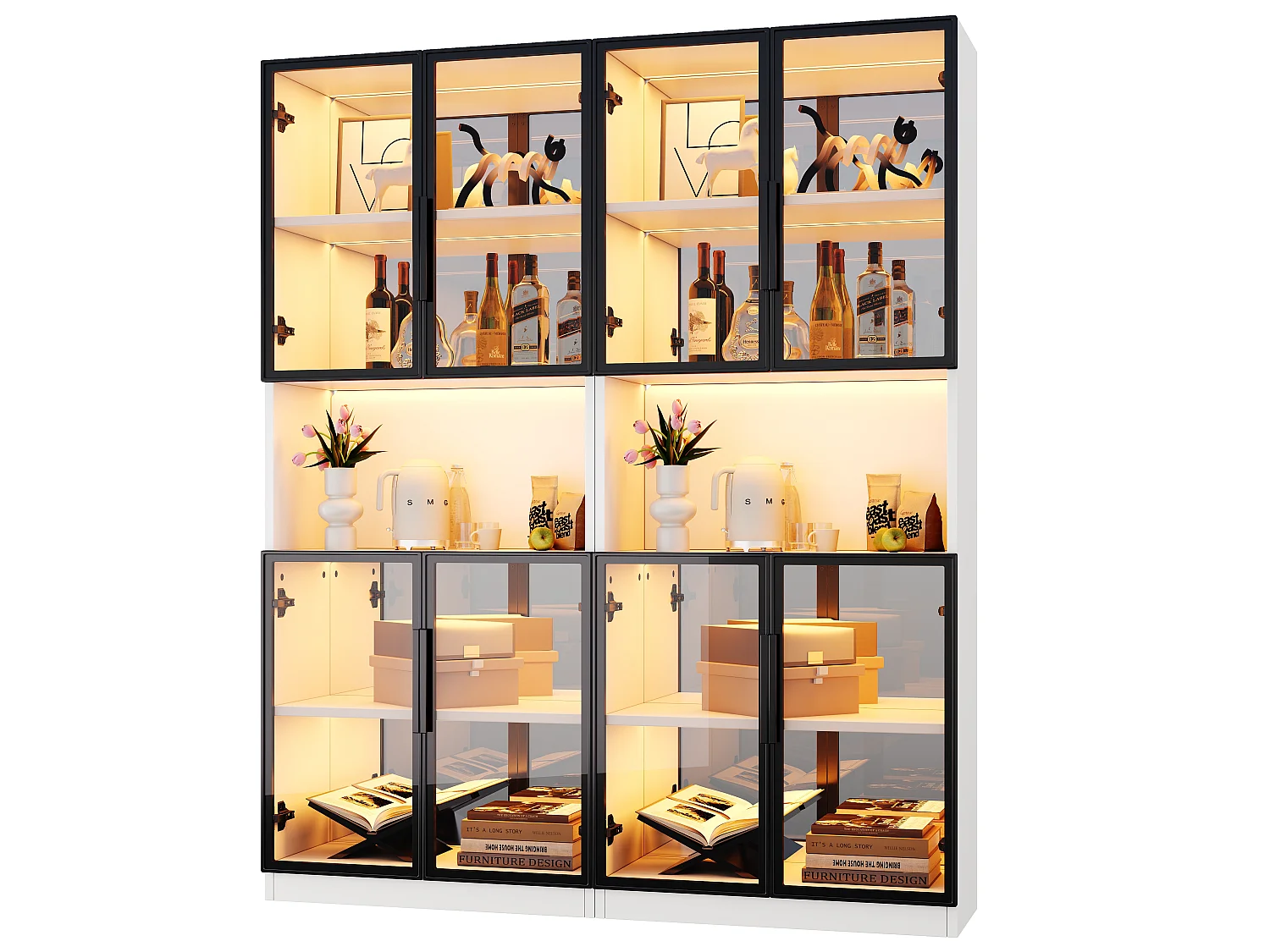 Vitrine en verre 70 x 30 x 170 cm - Éclairage LED et fond miroir - Avec 4 portes en verre trempé gris - MDF - Blanc