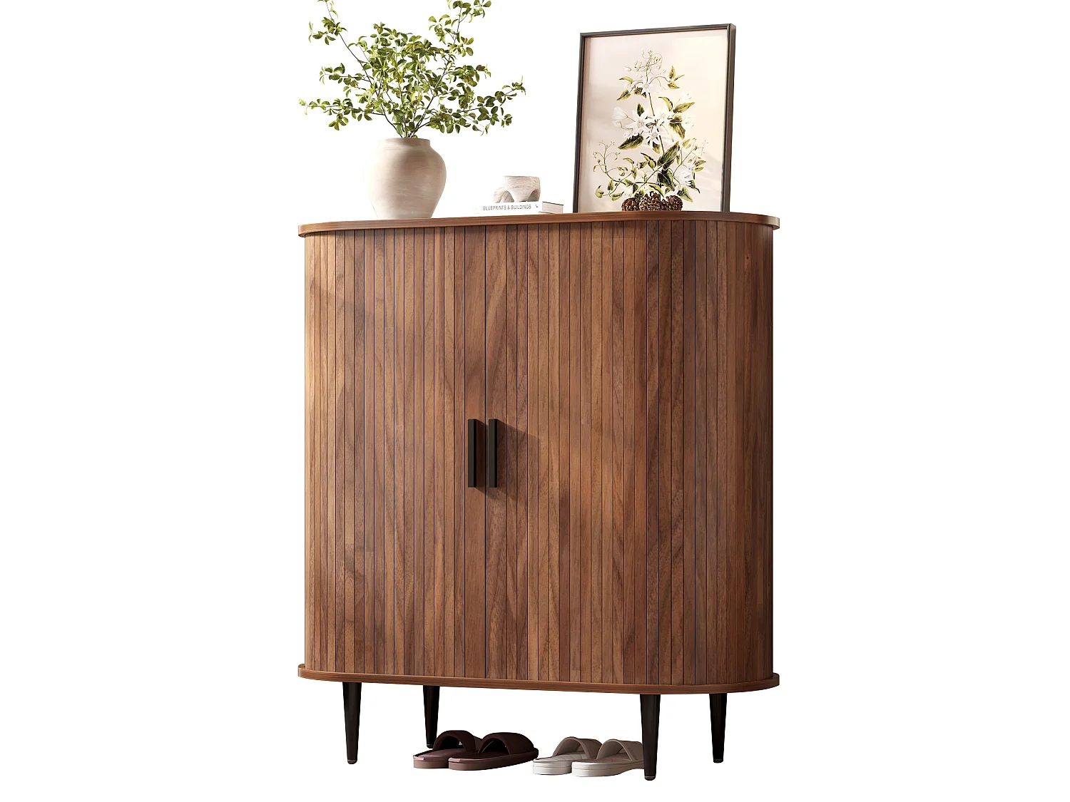 Meuble à chaussures moderne / Buffet 85x40x93cm - avec 2 portes coulissantes et 4 hameçons - avec des étagères - Naturel